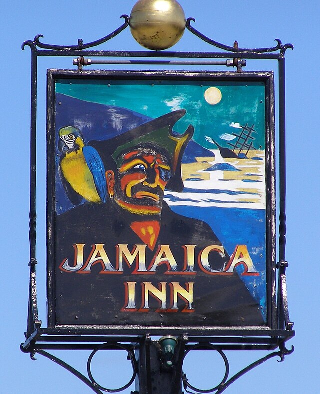 The Jamaica Inn pub sign on Bodmin Moor, Cornwall, featuring the iconic smuggler design.