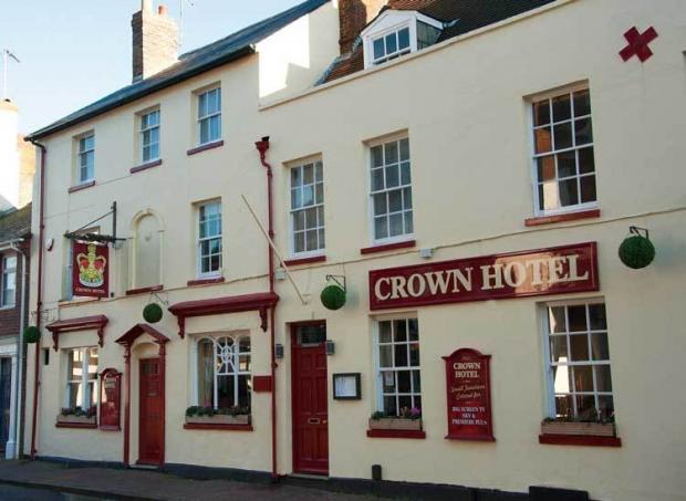 Front view of the Crown Hotel in Poole, one of Dorset's most famous reportedly haunted pubs