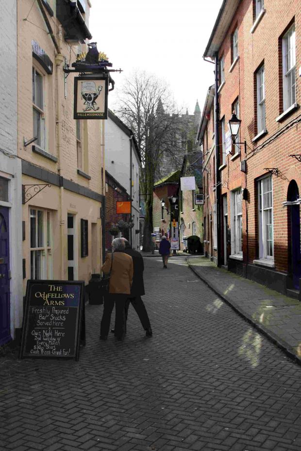 Front view of Oddfellows Arms in Wimborne, Dorset, where a friendly young ghost is said to play tricks on staff