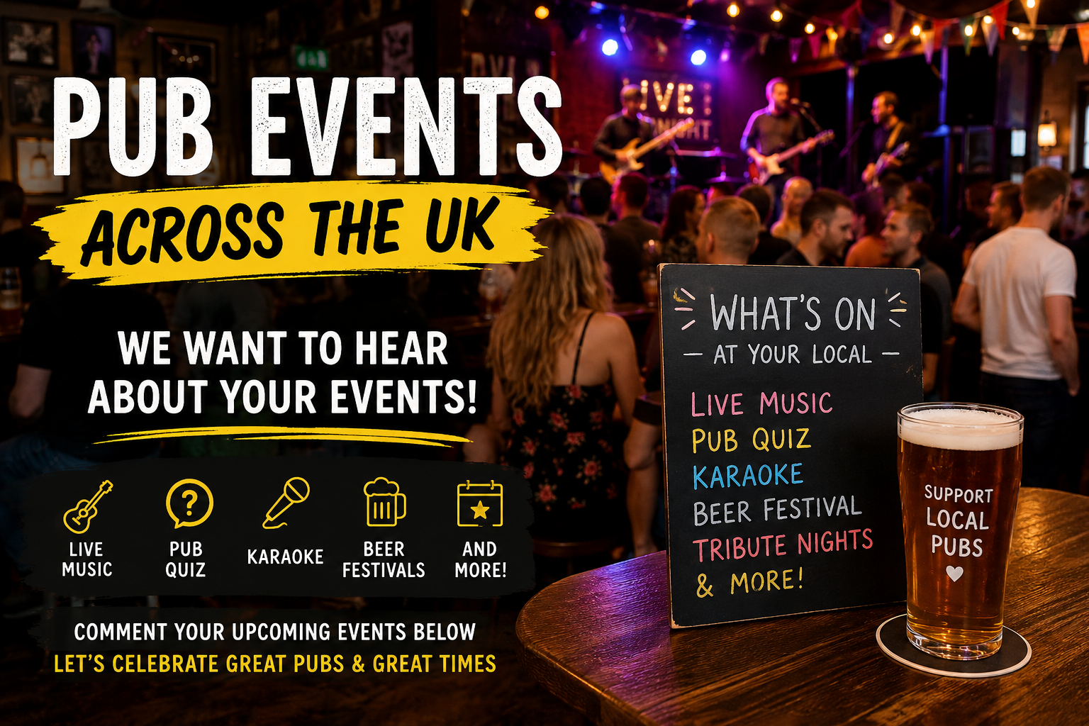 Crowded British pub hosting a live music event with promotional text asking people to share upcoming pub events across the UK.