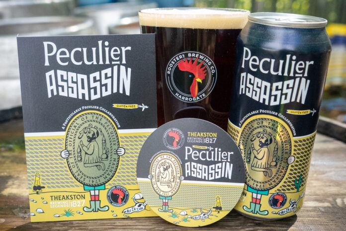 Peculier Assassin Yorkshire Beer Collaboration Peculier Assassin collaboration beer from Theakston and Rooster’s Brewing Co displayed in can, pint glass and pump clip format.