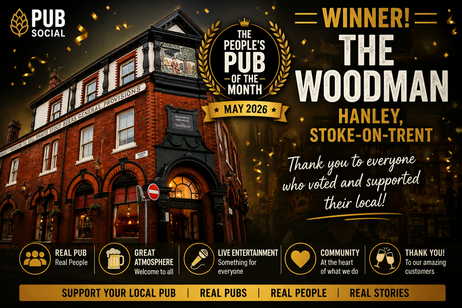 The Woodman in Hanley, Stoke-on-Trent announced as Pub Social's People's Pub of the Month winner for May 2026