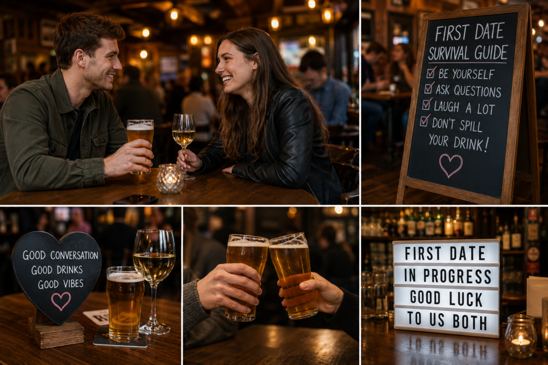 First Dates in Pubs: Because Nothing Says “Potential Soulmate” Like Nervously Holding a Pint Couple enjoying a relaxed first date over drinks in a traditional British pub.