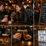 Couple enjoying a relaxed first date over drinks in a traditional British pub.