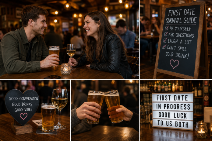 Couple enjoying a relaxed first date over drinks in a traditional British pub.