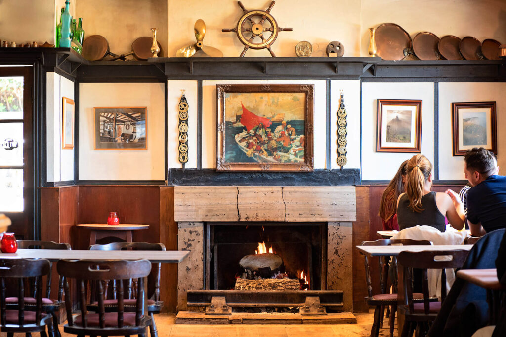Traditional open fireplace inside the historic pub